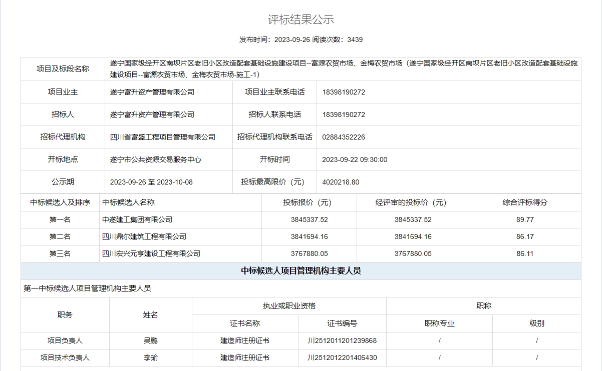 遂宁国家级经开区南坝片区老旧小区改造配套基础设施建设项目--富源农贸市场、金梅农贸市场施工标段评标结果公示截图